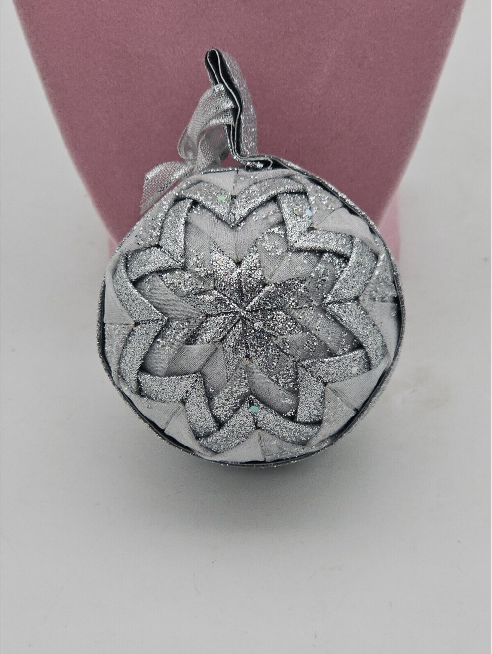 Handmade Folded Star Quilted Patch Holiday Christmas Ornament Silver 4 In”